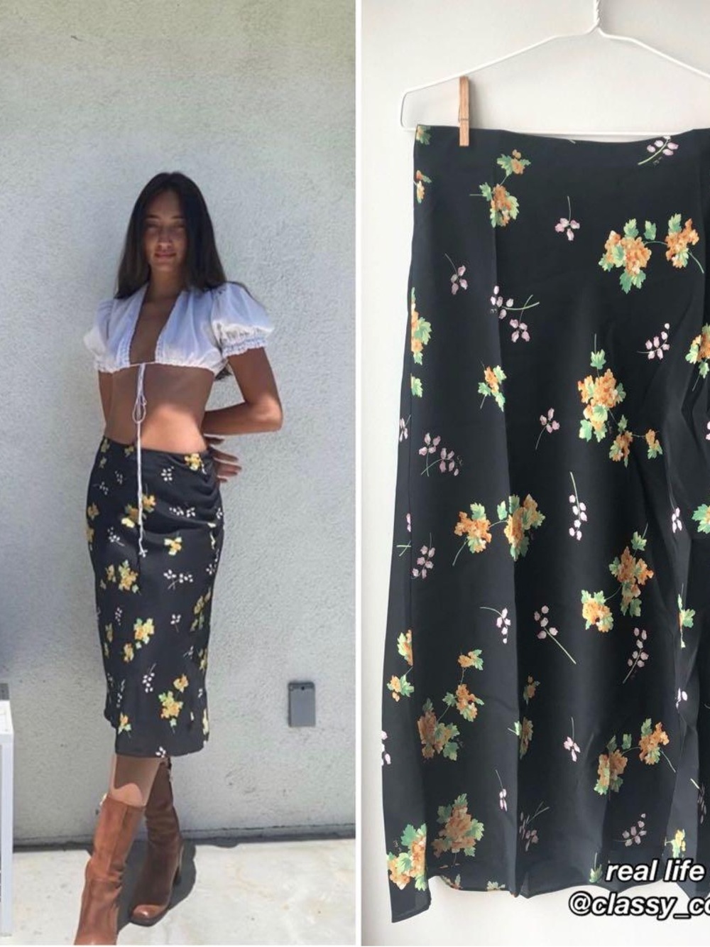 Realisation Par Black Midi Skirt with Yellow and Green Floral Print